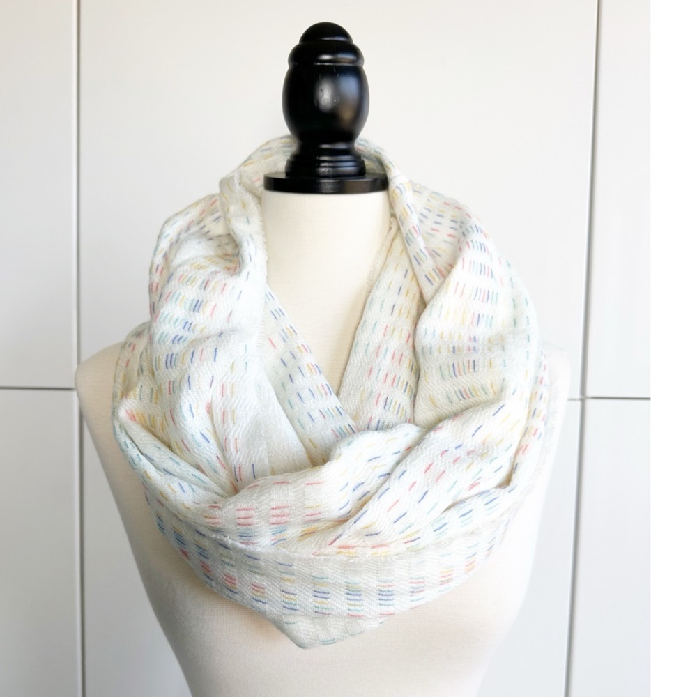 Christopher & Banks Infinity Scarf Colorful Stitching Pattern White Pink Yellow
